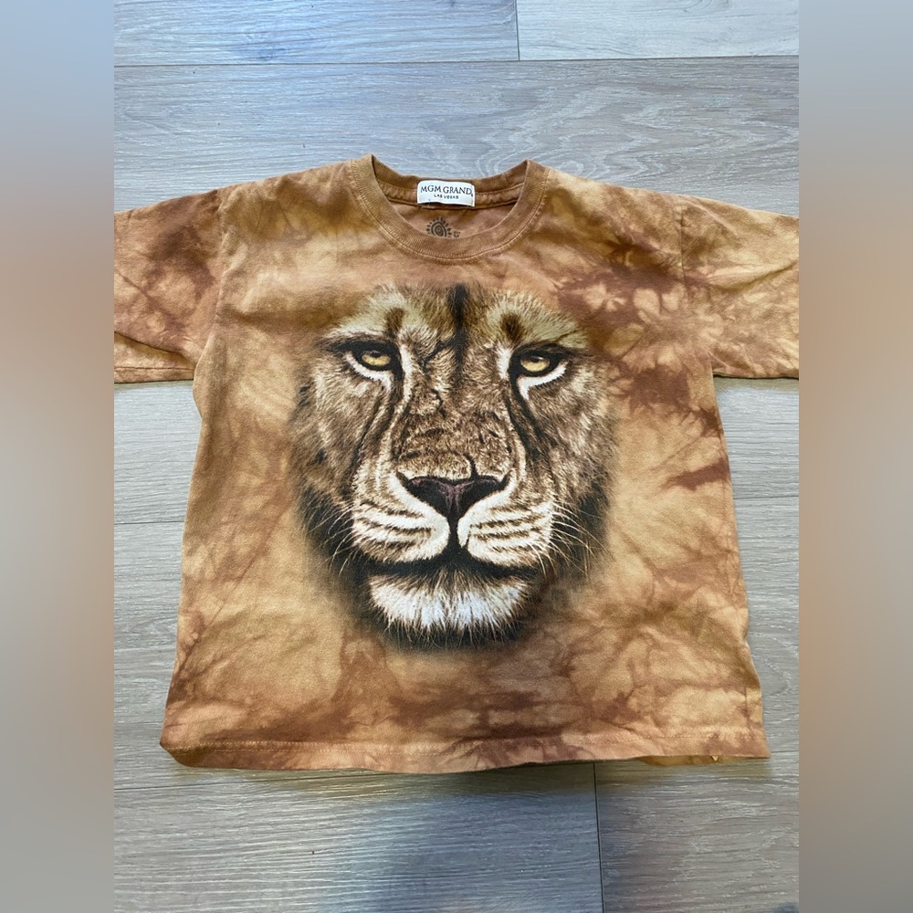 Brown Tie-Dye Lion Graphic Kids Shirt- the mountain